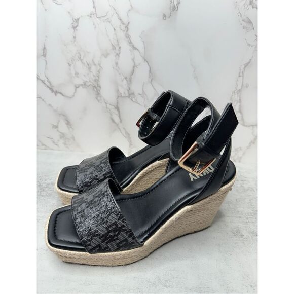 DKNY Sandals Womens Size 6.5 Black Ankle Strap Espadrille Open Toe Wedges New - Picture 2 of 12